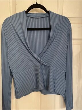 Source Unknown Light Blue Ribbed Wrap-Front Top
